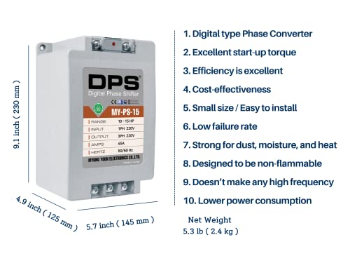 Convertidor monofásico a trifásico, modelo MY-PS-15, adecuado para motor trifásico de 10Hp (7.5Kw) 30Amps 200-240V, un DPS debe usarse para un motor, entrada/salida 200V-240V, tipo digital