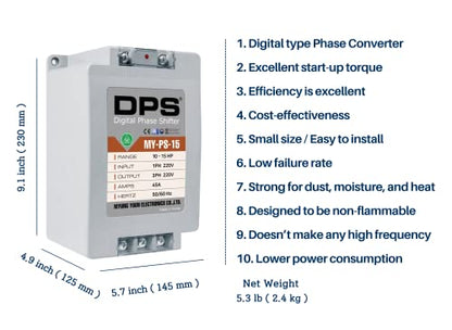 Convertidor monofásico a trifásico, modelo MY-PS-15, adecuado para motor trifásico de 10Hp (7.5Kw) 30Amps 200-240V, un DPS debe usarse para un motor, entrada/salida 200V-240V, tipo digital