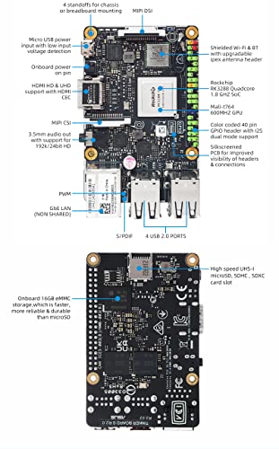 Tinker Board S R2.0 16 GB EMMC computadora de una sola placa compatible con Android 11/Debian/retropie/kodi, WiFi integrado AIoT 2 GB de RAM/Ver.A