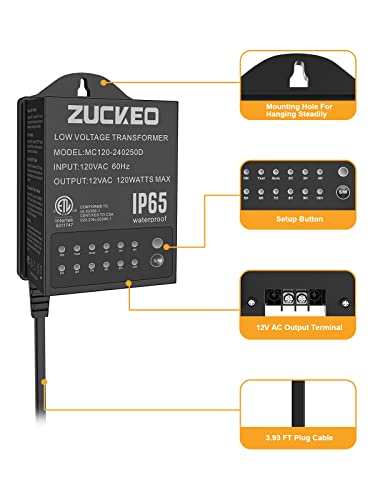 ZUCKEO Transformador de bajo voltaje de 120 W, transformadores de iluminación de paisaje al aire libre con temporizador y sensor de luces, fuente de alimentación impermeable de 120 V a 12 V para luces LED de paisaje, luz de camino con certificación ETL
