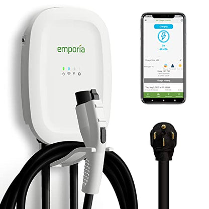 EMPORIA ENERGY Cargador Inteligente para vehículos eléctricos, 48 A, Nivel 2, Energy Star/UL, NEMA 14-50 o Cable Duro, Cable de 25 pies, EVSE para Interiores y Exteriores
