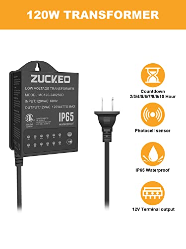 ZUCKEO Transformador de bajo voltaje de 120 W, transformadores de iluminación de paisaje al aire libre con temporizador y sensor de luces, fuente de alimentación impermeable de 120 V a 12 V para luces LED de paisaje, luz de camino con certificación ETL