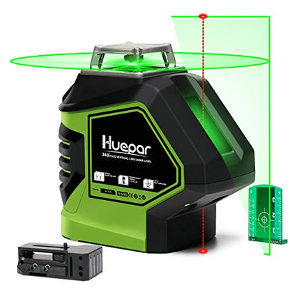 Huepar Línea cruzada de nivel láser verde autonivelante con 2 puntos de fontanería, línea horizontal de 360 grados más gran ángulo de ventilador de haz vertical con puntos arriba y abajo, base giratoria magnética 621CG