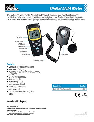 IDEAL INDUSTRIES INC. 61-686 Medidor de luz digital con sensor remoto, mide todas las fuentes de luz visibles