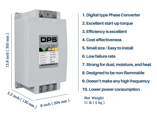 Convertidor monofásico a 3 fases, modelo MY-PS-30, adecuado para motor de 3 fases de 25 HP (18.7 Kw) 75 amperios 200-240 V, DPS debe utilizarse solo para un motor, entrada/salida 200V-240V, tipo digital