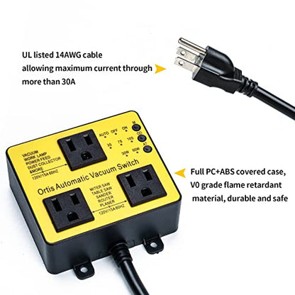 Interruptor de vacío automático con salida adicional para usar más herramientas eléctricas, control de polvo Ortis, retardo de encendido y apagado automático para evitar sobrecarga y tropiezos del circuito, umbral de accionamiento ajustable, amarillo