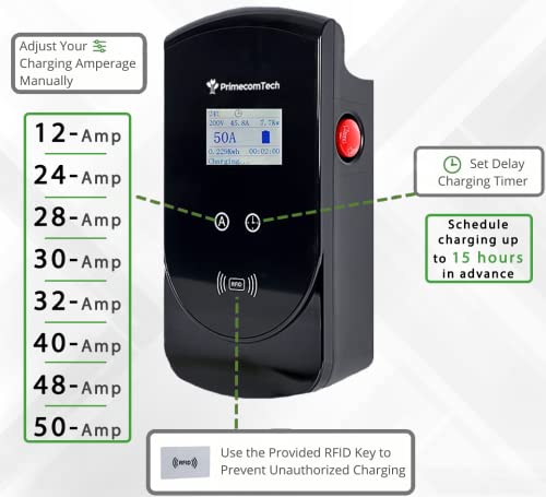 PRIMECOM.TECH - Estación de carga inteligente para vehículos eléctricos de nivel 2, 220 voltios para Tesla y todas las marcas EV de 30 pies de longitud (30 pies, NEMA 14-50p)
