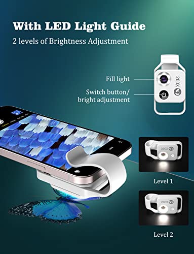 Microscopio de teléfono con lente CPL/luz LED, microscopio de bolsillo 200X con clip universal para teléfono compatible con iPhone/teléfono Android: el mejor microscopio portátil para disfrutar de Microworld para niños y adultos