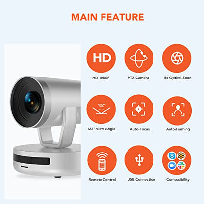 NUROUM Cámara FHD PTZ 1080P con zoom óptico 5X y control remoto, seguimiento de encuadre, autoenfoque, gran angular