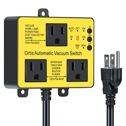 Interruptor de vacío automático con salida adicional para usar más herramientas eléctricas, control de polvo Ortis, retardo de encendido y apagado automático para evitar sobrecarga y tropiezos del circuito, umbral de accionamiento ajustable, amarillo