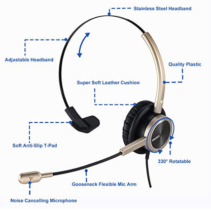 Audífonos de diadema para teléfono RJ9 para centro de llamadas de Office con micrófono con cancelación de ruido Con conector adicional de 3.5 mm para teléfonos móviles Compatible con teléfono Toshiba Nortel Aastra de Avaya