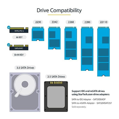 StarTech.com Duplicador/Borrador de Doble Bahía M.2 SATA/NVMe, Clonador/Limpiaparabrisas para M.2 PCIe AHCI/NVMe, M.2 SATA, 2.5/3.5", Desinfectante/Copiadora de Disco Duro, TAA (SM2DUPE11), Negro