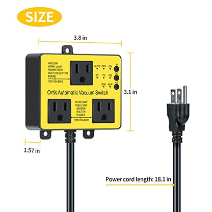 Interruptor de vacío automático con salida adicional para usar más herramientas eléctricas, control de polvo Ortis, retardo de encendido y apagado automático para evitar sobrecarga y tropiezos del circuito, umbral de accionamiento ajustable, amarillo