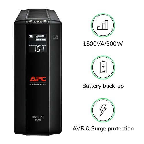 APC UPS 1500 VA UPS Batería de reserva y protector de sobretensión, BX1500 M, fuente de alimentación de batería de reserva, AVR, protección de datos