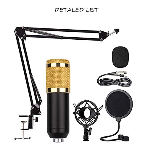 BM-800 - Juego de micrófono con tarjeta de sonido V8, micrófono de condensador y mezclador de DJ con brazo de tijera de suspensión de micrófono ajustable, montaje de choque de metal y filtro pop de doble capa para grabación de estudio y transmisión
