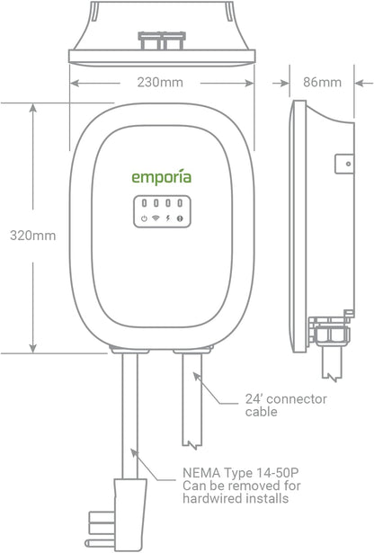 EMPORIA ENERGY Cargador Inteligente para vehículos eléctricos, 48 A, Nivel 2, Energy Star/UL, NEMA 14-50 o Cable Duro, Cable de 25 pies, EVSE para Interiores y Exteriores