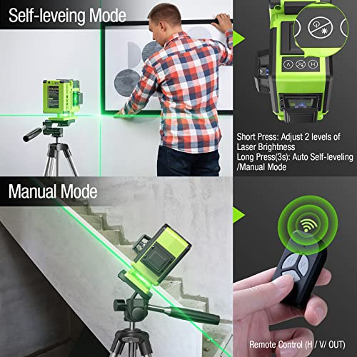 Teslong Nivel láser autonivelante de 3 x 360°, 12 líneas de nivel láser verde 3D, batería recargable de 9600 mAh, soporte magnético, base de ajuste fino, funda de transporte dura, control remoto