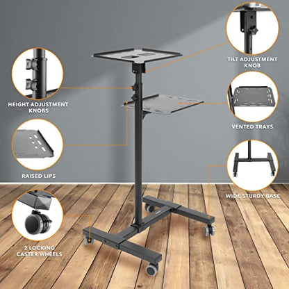 Soporte móvil para proyector y computadora portátil (2 estantes), carro rodante con bandeja ventilada, resistente, carro de presentación para computadora portátil y proyector de altura ajustable, negro