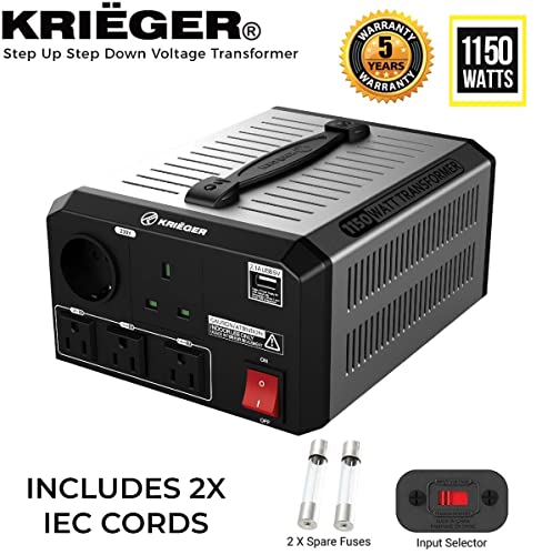KRIËGER Transformador de Voltaje de 1150 vatios, convertidor de Voltaje Paso a Paso de 110 / 120V a 220 / 240V, Aprobado por Met según UL, CSA