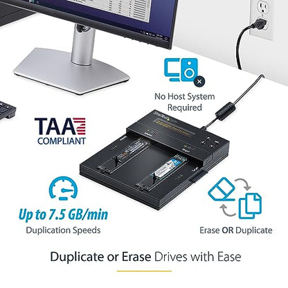 StarTech.com Duplicador/Borrador de Doble Bahía M.2 SATA/NVMe, Clonador/Limpiaparabrisas para M.2 PCIe AHCI/NVMe, M.2 SATA, 2.5/3.5", Desinfectante/Copiadora de Disco Duro, TAA (SM2DUPE11), Negro