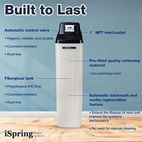 iSpring Sistema de suavizante de agua para toda la casa con función de lavado a retraso, 45,000 granos de alta capacidad para hogares y negocios, modelo: WCS45KG