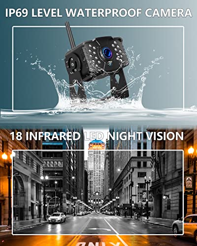 FHD 1080P 2 - Sistema de cámara de respaldo digital inalámbrico para vehículos camiones autocaravanas, 5ª ruedas, 4 canales 7" IP69K