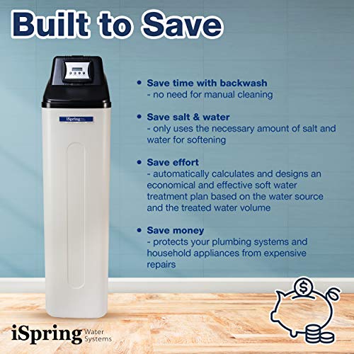 iSpring Sistema de suavizante de agua para toda la casa con función de lavado a retraso, 45,000 granos de alta capacidad para hogares y negocios, modelo: WCS45KG