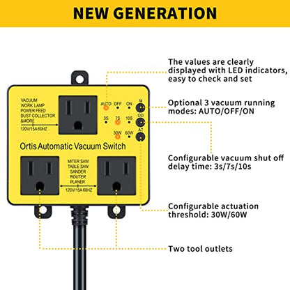 Interruptor de vacío automático con salida adicional para usar más herramientas eléctricas, control de polvo Ortis, retardo de encendido y apagado automático para evitar sobrecarga y tropiezos del circuito, umbral de accionamiento ajustable, amarillo