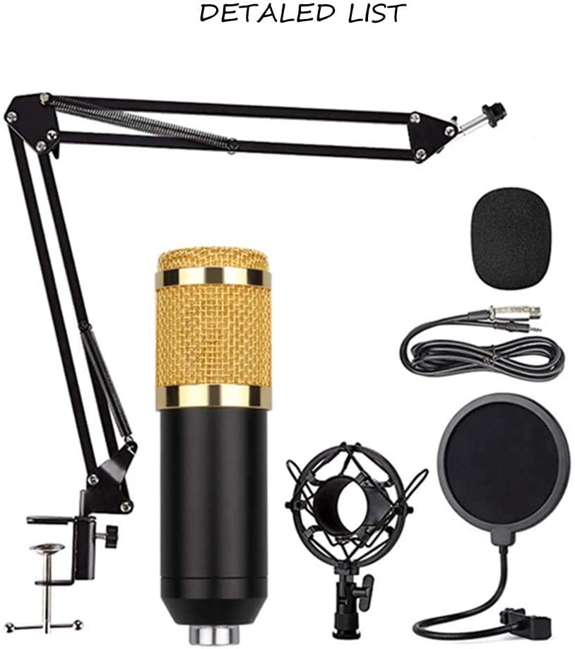 BM-800 - Juego de micrófono con tarjeta de sonido V8, micrófono de condensador y mezclador de DJ con brazo de tijera de suspensión de micrófono ajustable, montaje de choque de metal y filtro pop de doble capa para grabación de estudio y transmisión