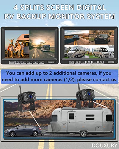FHD 1080P 2 - Sistema de cámara de respaldo digital inalámbrico para vehículos camiones autocaravanas, 5ª ruedas, 4 canales 7" IP69K
