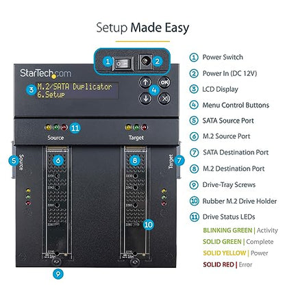 StarTech.com Duplicador/Borrador de Doble Bahía M.2 SATA/NVMe, Clonador/Limpiaparabrisas para M.2 PCIe AHCI/NVMe, M.2 SATA, 2.5/3.5", Desinfectante/Copiadora de Disco Duro, TAA (SM2DUPE11), Negro