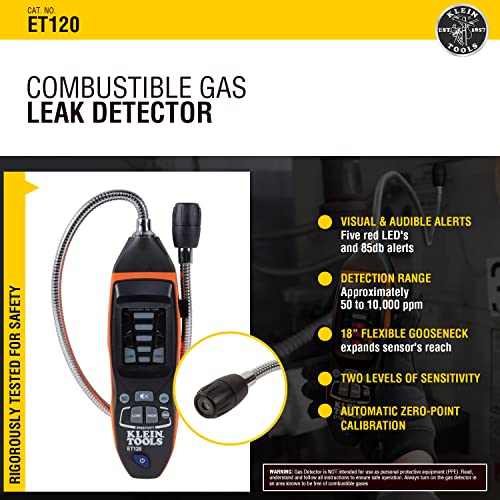 Klein Tools Detector de fugas de gas ET120 probador de fugas de gas cuello de cisne rango de 50 a 10,000 ppm