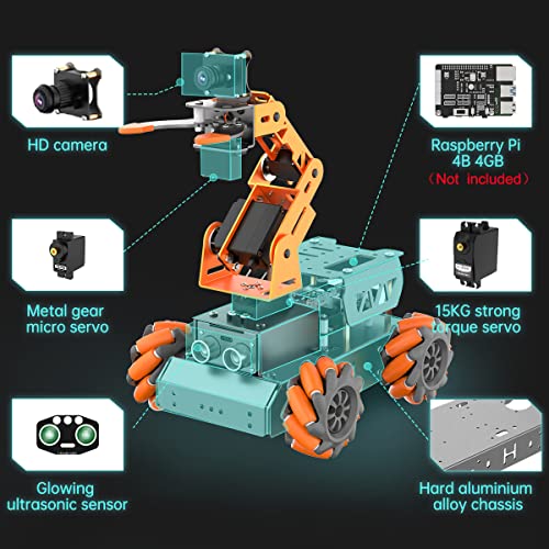 Robot de chasis de rueda de Mecanum brazo robótico inteligente 5 DOF AI Vision ROS Open Source (sin Raspberry Pi)