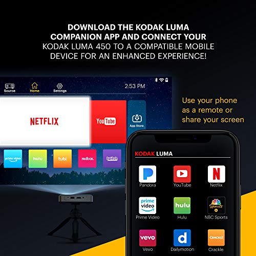 KODAK Luma 450 Proyector inteligente portátil Full HD | Wi-Fi, Bluetooth, HDMI y USB compatible con mini sistema de cine en casa de hasta 150 pulgadas | Resolución nativa de 1080p (4K), 200 lúmenes, reproducción de 3 horas | Trípode incluido