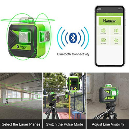Huepar 3x360 Green Beam 3D Nivel láser con Bluetooth tres planos autonivelante y alineación de línea cruzada nivel láser 603CG-BT