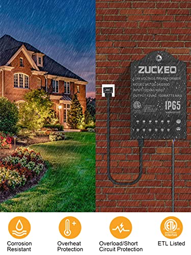 ZUCKEO Transformador de bajo voltaje de 120 W, transformadores de iluminación de paisaje al aire libre con temporizador y sensor de luces, fuente de alimentación impermeable de 120 V a 12 V para luces LED de paisaje, luz de camino con certificación ETL