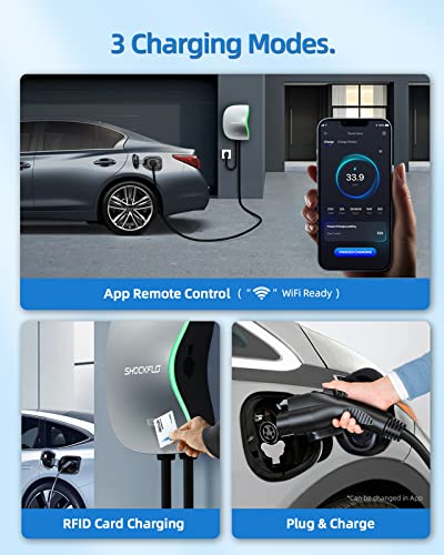 ShockFlo 48A EV Charger, Level 2 Electric Vehicle Charging Station, NEMA 14-50 Plug or Hardwired EV Charging Station, Wi-Fi and Bluetooth Enabled EVSE Indoor/Outdoor Use with 17ft Cable and RFID Card