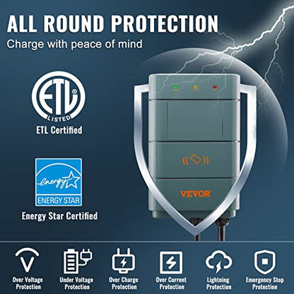 VEVOR Estación de carga de vehículos eléctricos de nivel 2, 0-40 A ajustable, 9.6 kW 240 V NEMA 6-50 enchufe inteligente EV con WiFi, cable de carga TPE de 22 pies para uso en interiores y exteriores, certificado ETL y Energy Star