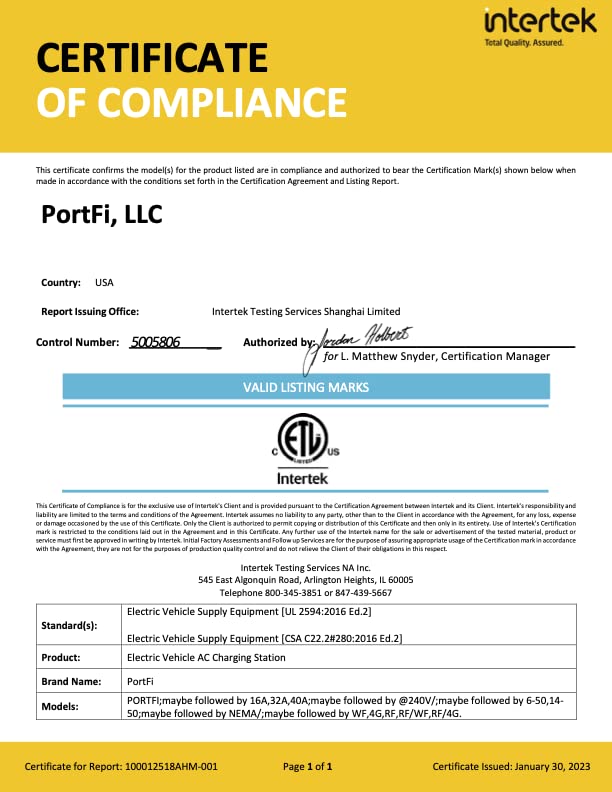 PortFi Estación de carga Smart Level 2 para vehículos eléctricos (EV), certificado de seguridad, interior/exterior, enchufe NEMA 14-50, cargador L2 EVSE/EV (Wi-Fi, 40 A)