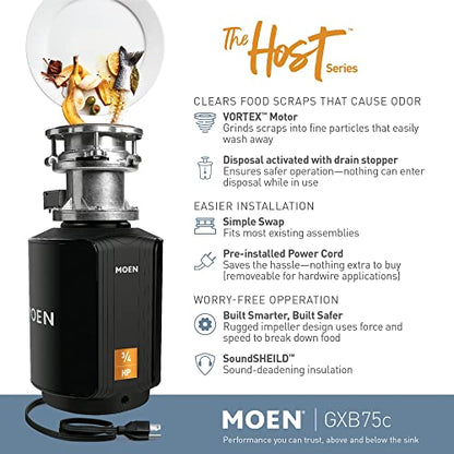Moen GXB75C Host Series Control Activación 3/4 HP Eliminación de basura con reducción de sonido, cable de alimentación incluido