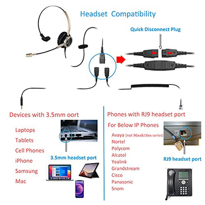 Audífonos de diadema para teléfono RJ9 para centro de llamadas de Office con micrófono con cancelación de ruido Con conector adicional de 3.5 mm para teléfonos móviles Compatible con teléfono Toshiba Nortel Aastra de Avaya