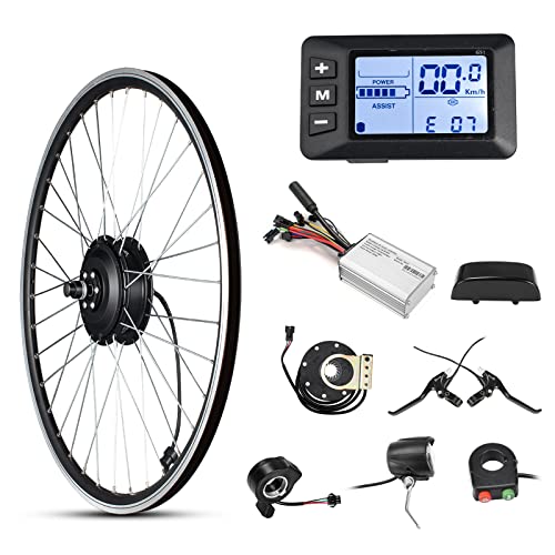 Kit de conversión de bicicleta eléctrica, motor de rueda delantera de 350 W, kit de bicicleta E, motor de cubo de 36 V, controlador BLDC de 26 pulgadas, con controlador de pantalla LCD, palanca de freno PAS para neumáticos de 26 x 1.95