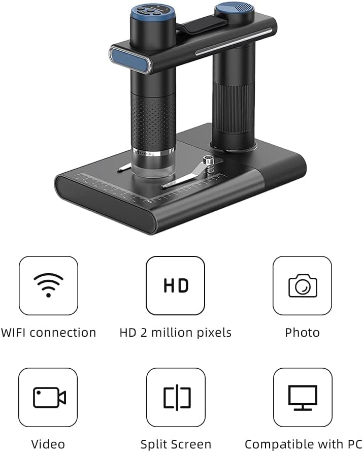 Yeacher Microscopio 1200X con Soporte Manos Libres Inalámbrico WiFi Microscopio Recargable Endoscopio Lupa Cámara Digital óptica 2M Píxeles 50-1000X Aumento 8 Luces LED Ajustables para PC Tablet