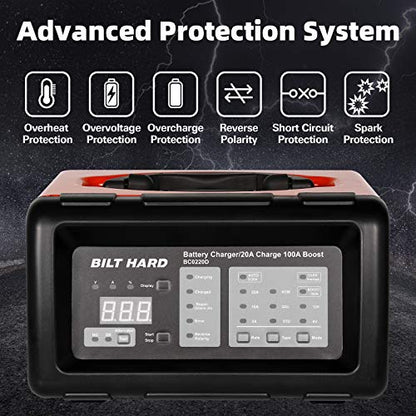 BILT HARD 2/10/20/100A 6/12V Cargador de batería inteligente y arranque del motor, mantenimiento automático, desulfador y diagnóstico con comprobación del alternador