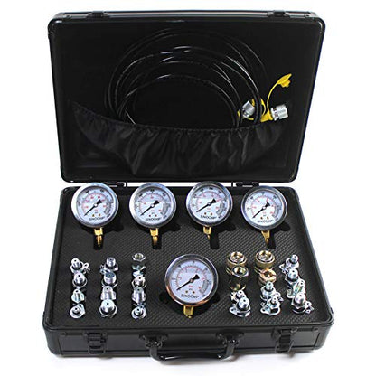 SINOCMP Kit de prueba de presión hidráulica con 5 calibres, 3 mangueras de prueba y 24 acoplamientos, kit de manómetro de prueba hidráulica utilizado para excavadoras