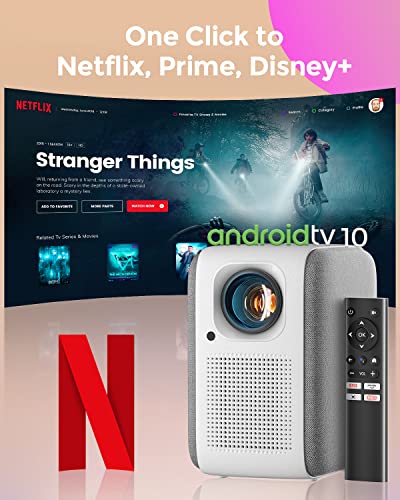 Pokitter Proyector CineMax Pro 1080P con licencia de Netflix, Android TV 10.0 con más de 7000 aplicaciones, 400 lúmenes ANSI, Google Assistant, corrección Keystone 4D, HDR 10, WiFi 2.4G+5G
