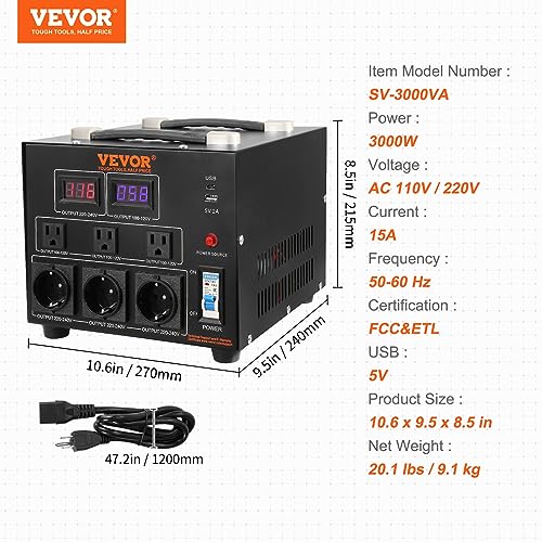VEVOR Transformador convertidor de voltaje, 3000 W, transformador elevador/descendente de servicio pesado, conversión de 110 voltios a 220 voltios y de 220 voltios a 110 voltios, con salida de EE. UU., puerto USB de 5 V, certificado CE