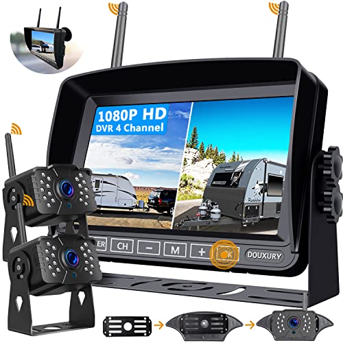 FHD 1080P 2 - Sistema de cámara de respaldo digital inalámbrico para vehículos camiones autocaravanas, 5ª ruedas, 4 canales 7" IP69K