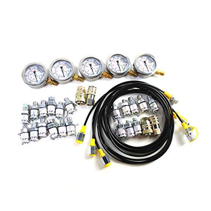 SINOCMP Kit de prueba de presión hidráulica con 5 calibres, 3 mangueras de prueba y 24 acoplamientos, kit de manómetro de prueba hidráulica utilizado para excavadoras