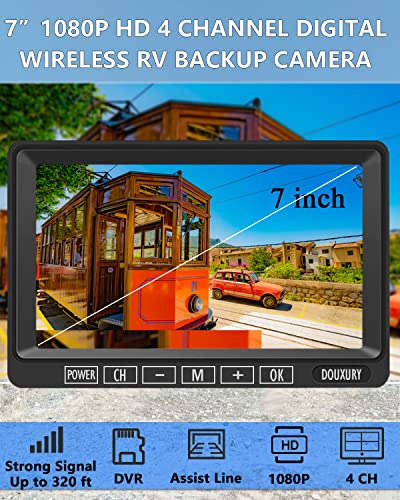 FHD 1080P 2 - Sistema de cámara de respaldo digital inalámbrico para vehículos camiones autocaravanas, 5ª ruedas, 4 canales 7" IP69K